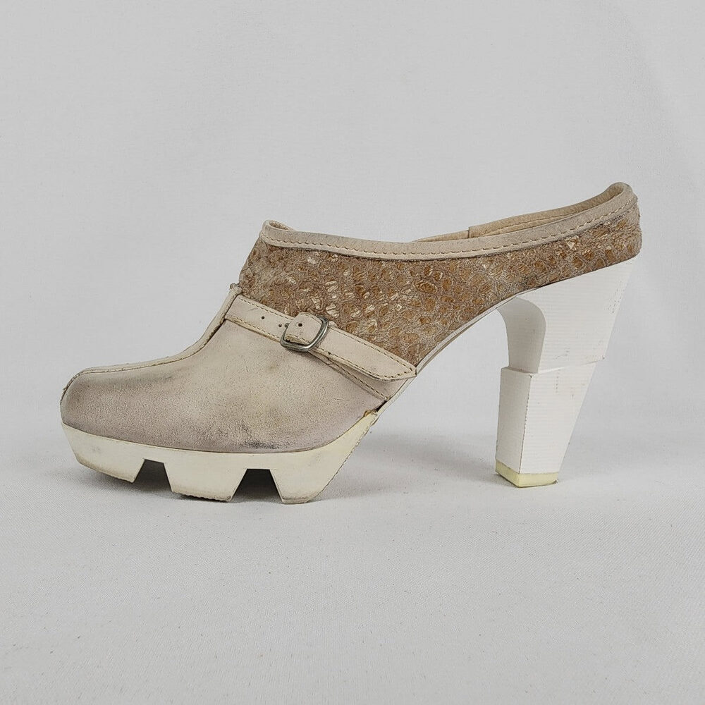 Prophecy Grey & Taupe Leather Heeled Mule Shoes Size 9